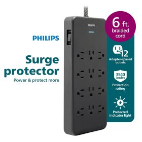 12 Outlet, Adapter-Spaced, 3500J, Braided Cord, 6ft, Black,